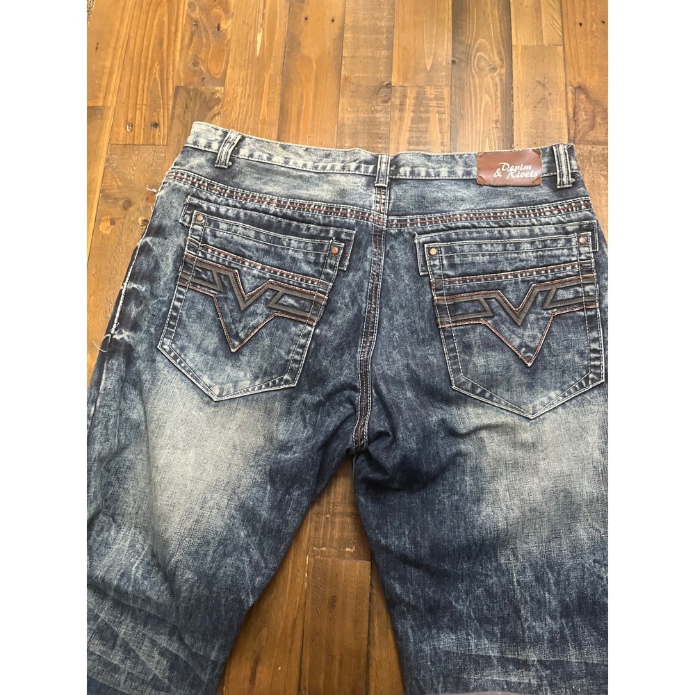 DENIM & RIVETS Jeans Acid Wash Embroidered Streetwear Mens 40 Blue - Picture 4 of 6